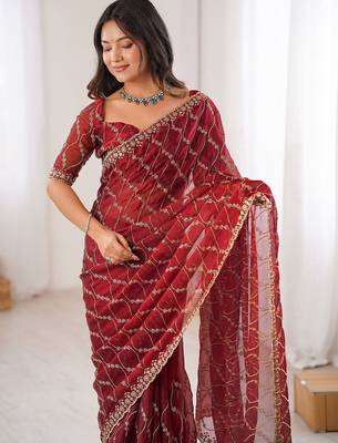 maroon chiffon ethnic embellished party wear matching blouse sarees 2