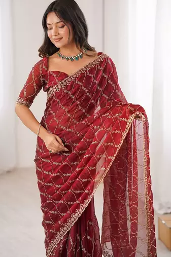 maroon chiffon ethnic embellished party wear matching blouse sarees