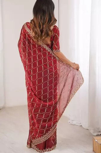 maroon chiffon ethnic embellished party wear matching blouse sarees