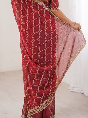 maroon chiffon ethnic embellished party wear matching blouse sarees 5
