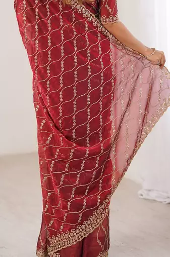 maroon chiffon ethnic embellished party wear matching blouse sarees