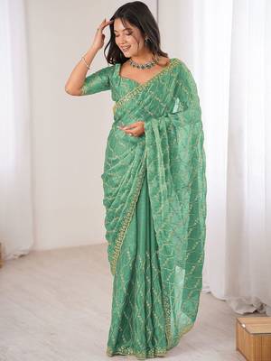 sea green teal green chiffon ethnic embellished party wear matching blouse sarees 1