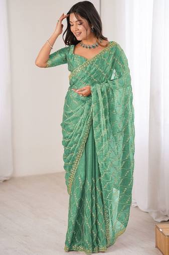 sea green teal green chiffon ethnic embellished party wear matching blouse sarees