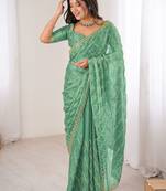 sea green teal green chiffon ethnic embellished party wear matching blouse sarees