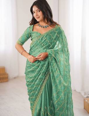 sea green teal green chiffon ethnic embellished party wear matching blouse sarees 2