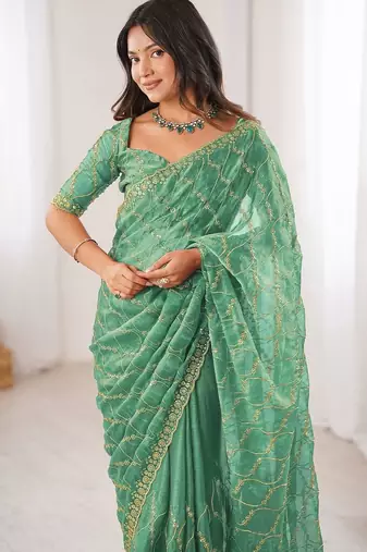 sea green teal green chiffon ethnic embellished party wear matching blouse sarees