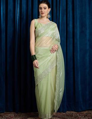 green embellished beads and stones net saree 1