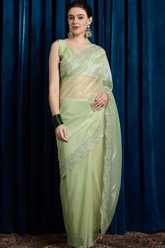 green embellished beads and stones net saree