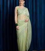 green embellished beads and stones net saree