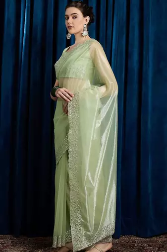 green embellished beads and stones net saree
