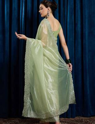 green embellished beads and stones net saree 3
