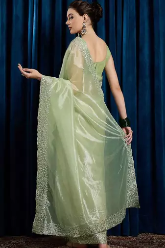 green embellished beads and stones net saree