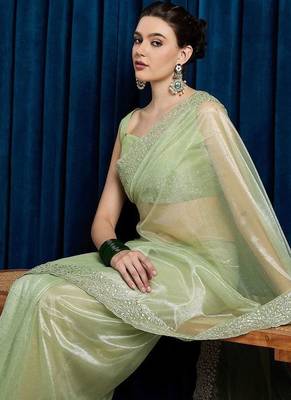 green embellished beads and stones net saree 4