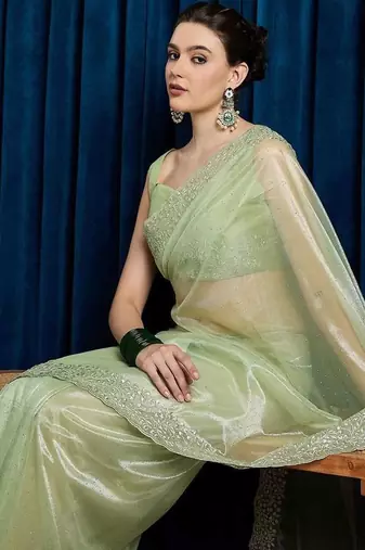 green embellished beads and stones net saree