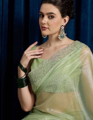 green embellished beads and stones net saree 5