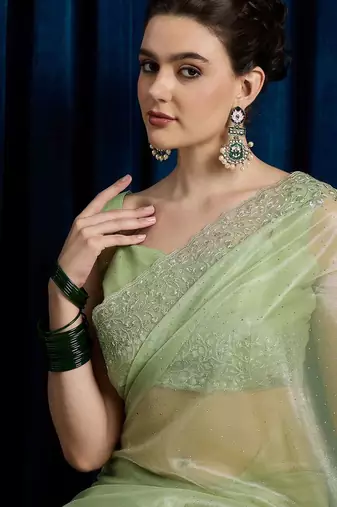 green embellished beads and stones net saree
