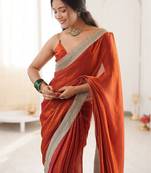 orange embellished sequinned satin heavy work saree
