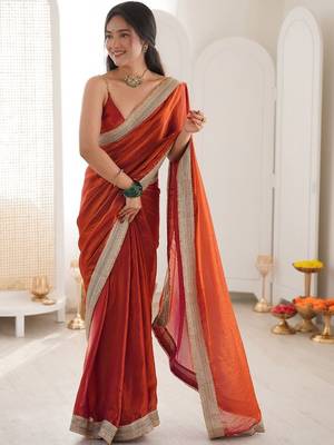 orange embellished sequinned satin heavy work saree 2