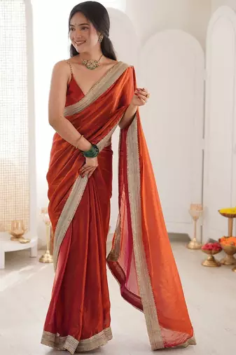 orange embellished sequinned satin heavy work saree