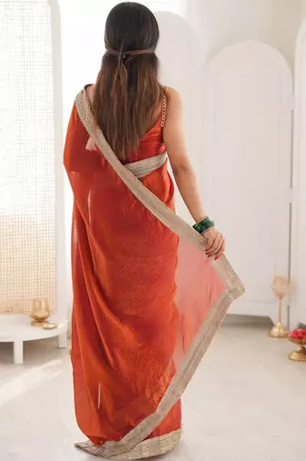 orange embellished sequinned satin heavy work saree