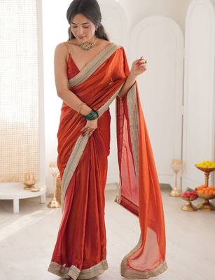 orange embellished sequinned satin heavy work saree 4
