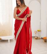 red embellished sequinned satin heavy work saree