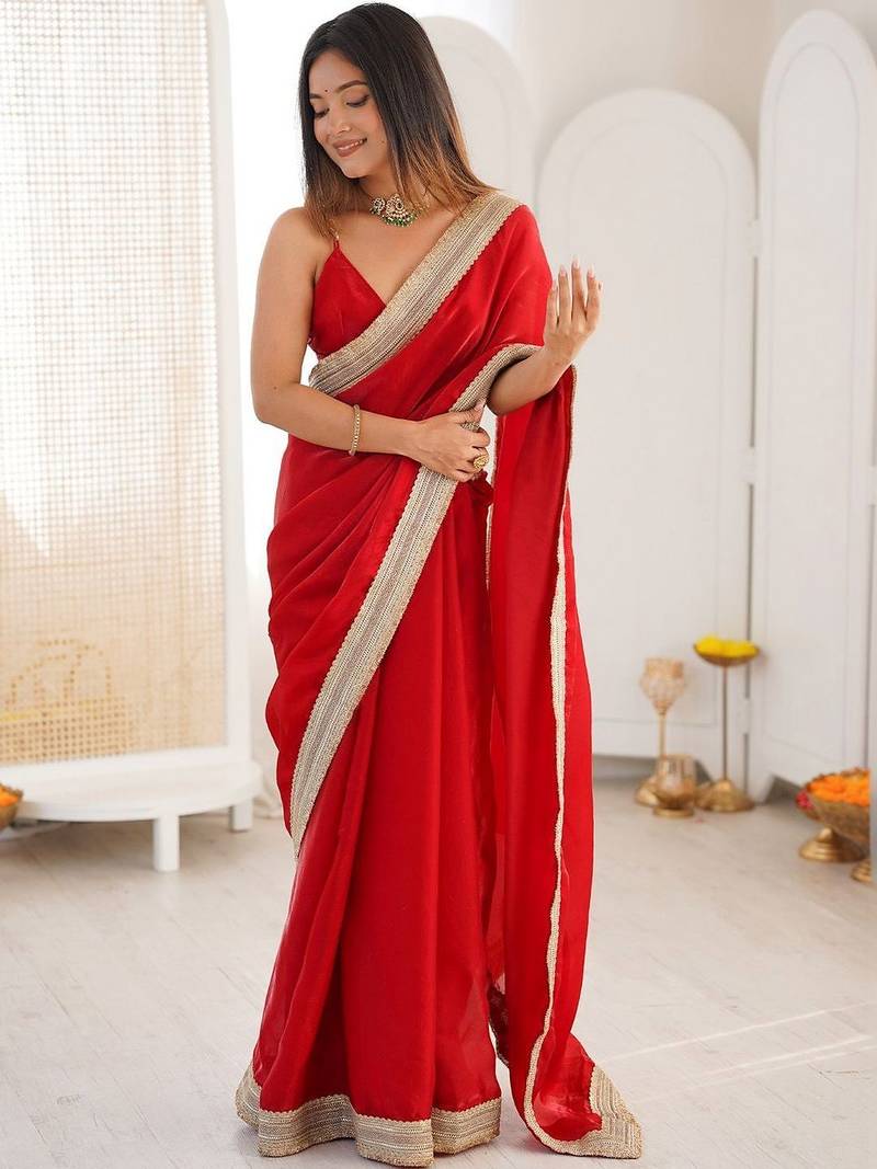 red embellished sequinned satin heavy work saree