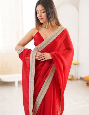 red embellished sequinned satin heavy work saree 2