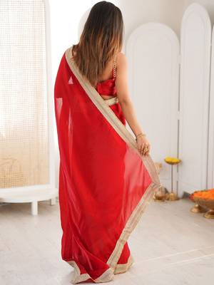 red embellished sequinned satin heavy work saree 3