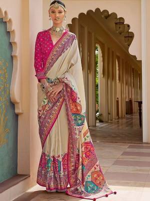 Cream kalamkari silk blend designer patola saree 1