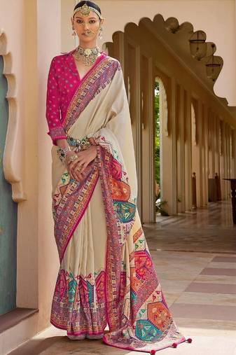 Cream kalamkari silk blend designer patola saree