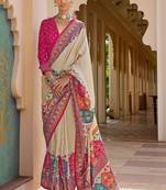 Cream kalamkari silk blend designer patola saree