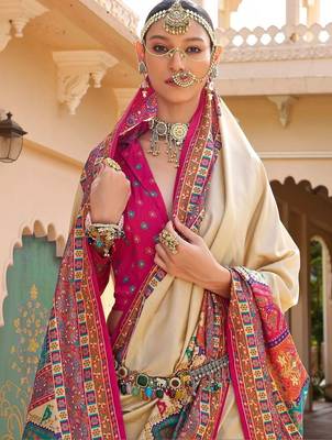 Cream kalamkari silk blend designer patola saree 2