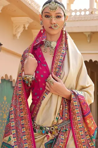 Cream kalamkari silk blend designer patola saree