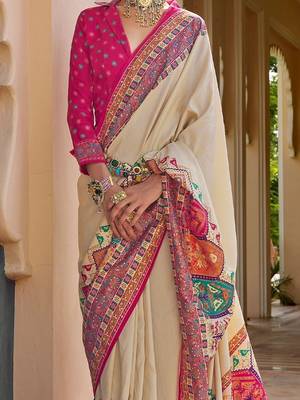 Cream kalamkari silk blend designer patola saree 3