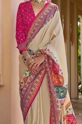 Cream kalamkari silk blend designer patola saree