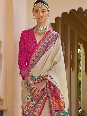 Cream kalamkari silk blend designer patola saree 4