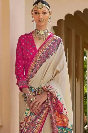 Cream kalamkari silk blend designer patola saree