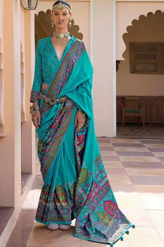 Turquoise paisley silk blend designer patola saree