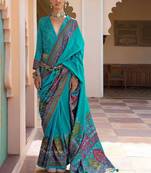 Turquoise paisley silk blend designer patola saree