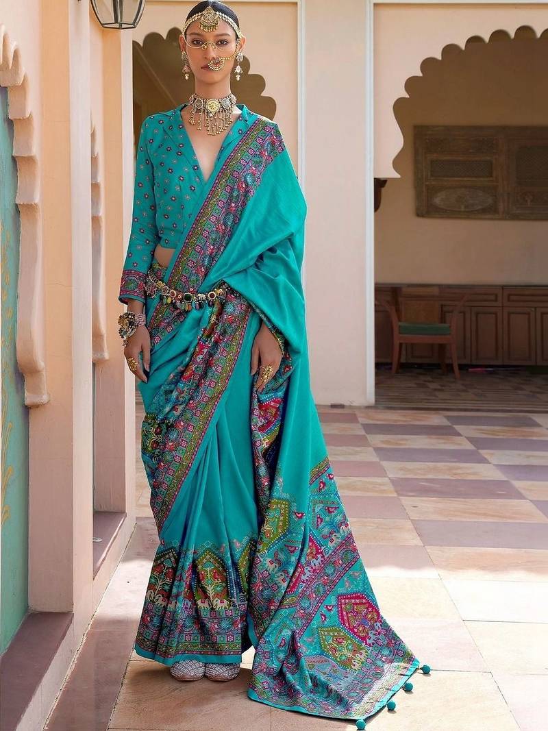 Turquoise paisley silk blend designer patola saree