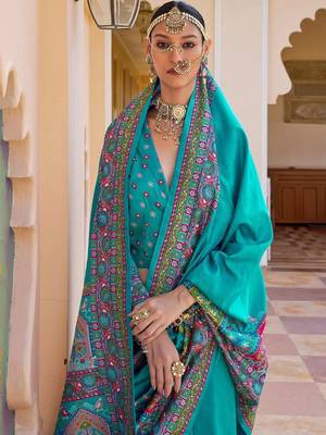 Turquoise paisley silk blend designer patola saree 2