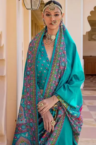 Turquoise paisley silk blend designer patola saree