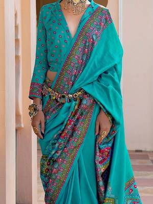 Turquoise paisley silk blend designer patola saree 3
