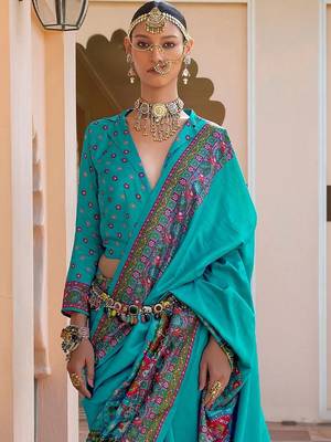 Turquoise paisley silk blend designer patola saree 4