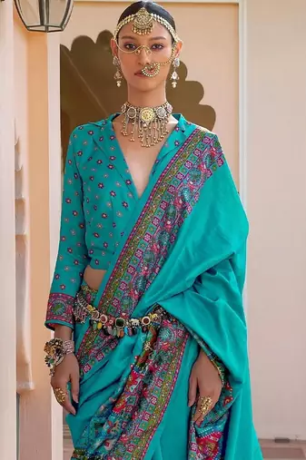 Turquoise paisley silk blend designer patola saree