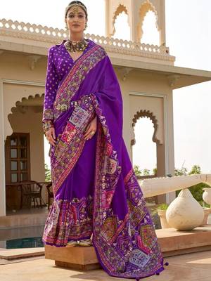 Purple kalamkari embroidered silk blend designer patola saree 1