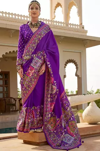 Purple kalamkari embroidered silk blend designer patola saree