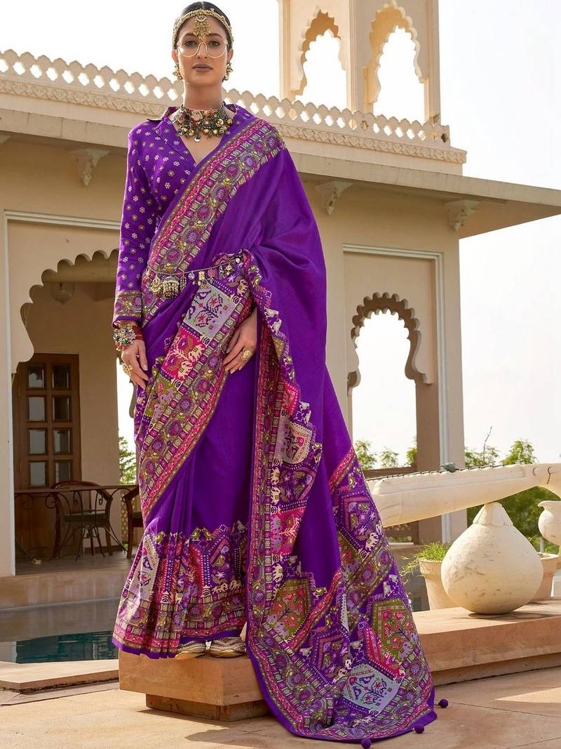Purple kalamkari embroidered silk blend designer patola saree