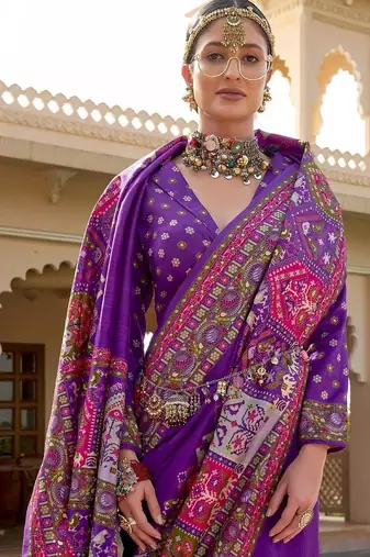Purple kalamkari embroidered silk blend designer patola saree